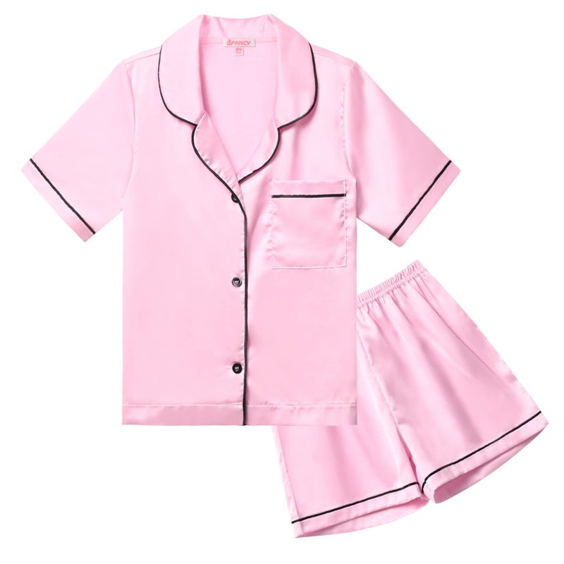QPANCY Satin Kid Pajamas Big Girls Silk Pjs Set Boys Sleepwear Button-up Lounge Sets Pink Short Sleeve Nightwear Size 10 11 - Image 1