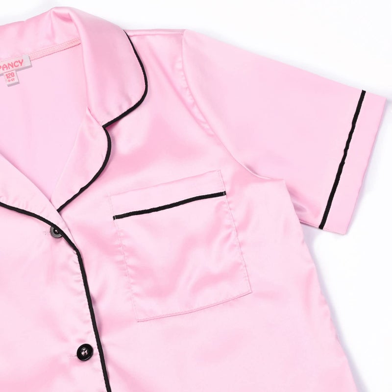 QPANCY Satin Kid Pajamas Big Girls Silk Pjs Set Boys Sleepwear Button-up Lounge Sets Pink Short Sleeve Nightwear Size 10 11 - Image 4