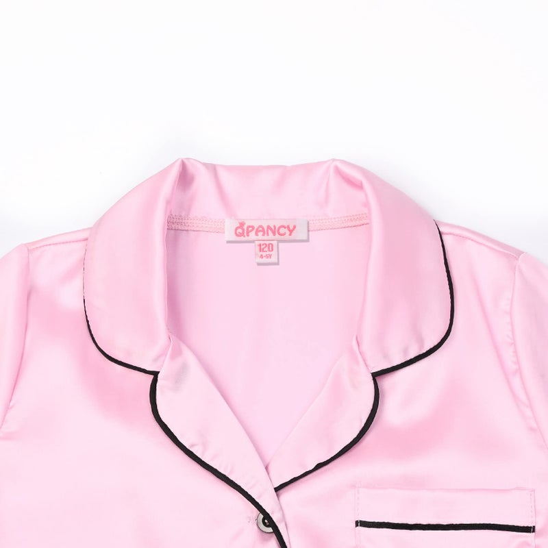 QPANCY Satin Kid Pajamas Big Girls Silk Pjs Set Boys Sleepwear Button-up Lounge Sets Pink Short Sleeve Nightwear Size 10 11 - Image 3