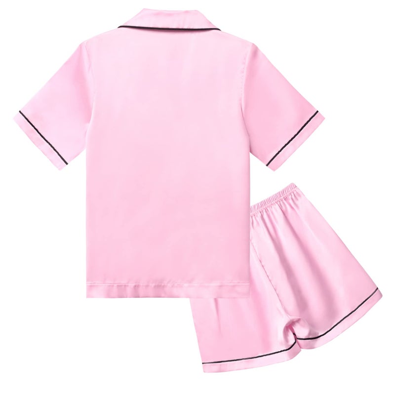 QPANCY Satin Kid Pajamas Big Girls Silk Pjs Set Boys Sleepwear Button-up Lounge Sets Pink Short Sleeve Nightwear Size 10 11 - Image 2