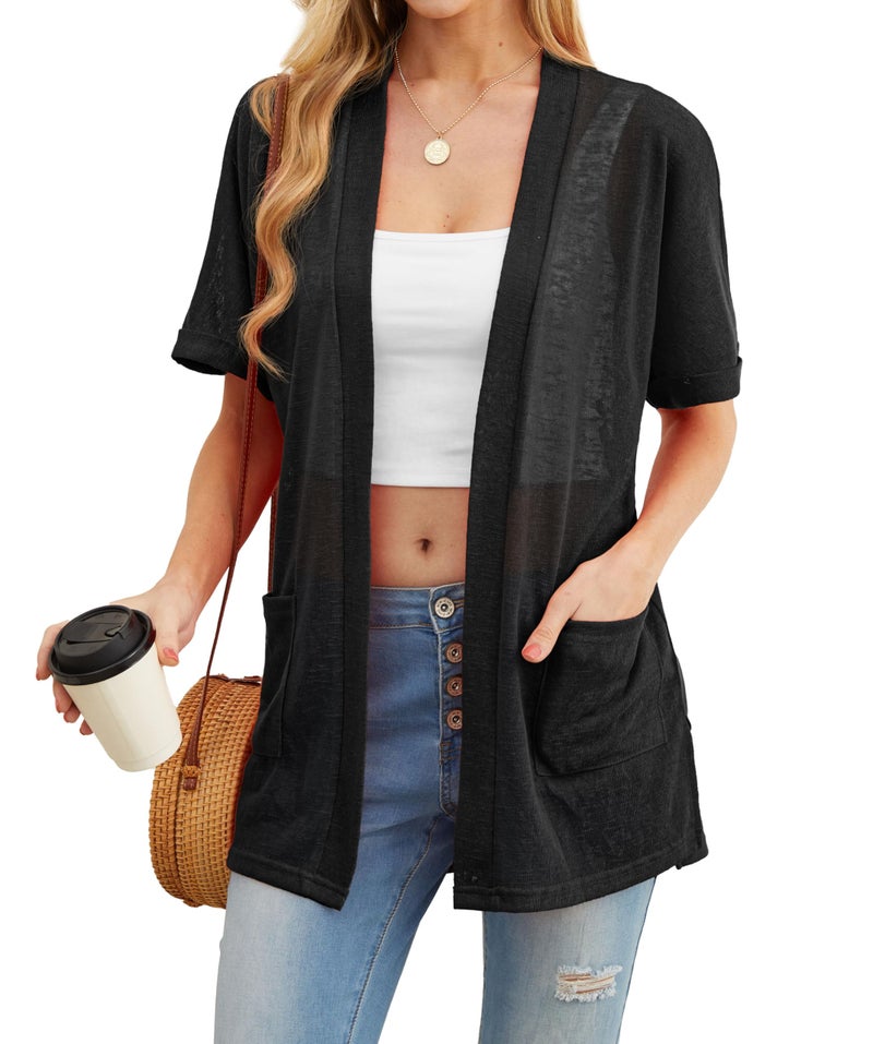 PrinStory Short Sleeve Cardigans for Women Lightweight Sheer Cardigans for Women Summer with Pockets 2026 Outfit Black L - Image 1