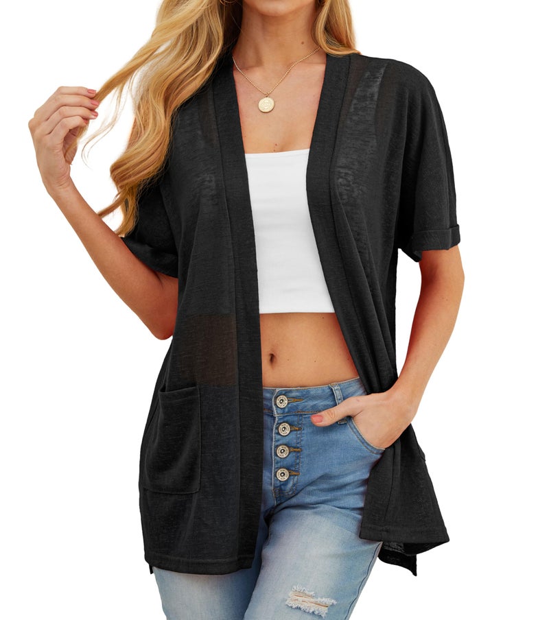 PrinStory Short Sleeve Cardigans for Women Lightweight Sheer Cardigans for Women Summer with Pockets 2026 Outfit Black L - Image 4