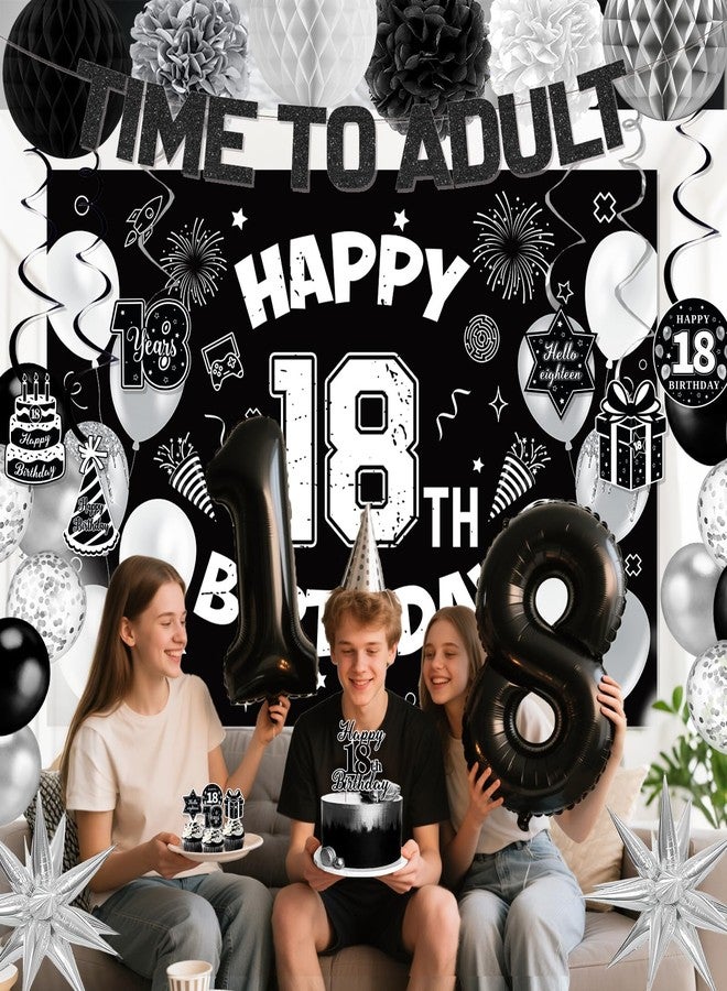 REDWORD 18th Birthday Decorations for Boys Girls, Black 18th Birthday Supplies Include Time To Adult Banner Happy 18th Birthdays Backdrop Cake Topper for 18 Year Old Birthday Decor - Image 5