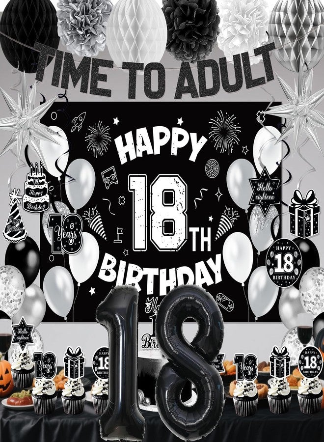 REDWORD 18th Birthday Decorations for Boys Girls, Black 18th Birthday Supplies Include Time To Adult Banner Happy 18th Birthdays Backdrop Cake Topper for 18 Year Old Birthday Decor - Image 4