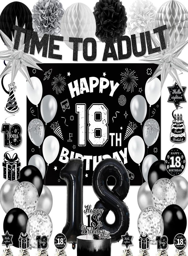 REDWORD 18th Birthday Decorations for Boys Girls, Black 18th Birthday Supplies Include Time To Adult Banner Happy 18th Birthdays Backdrop Cake Topper for 18 Year Old Birthday Decor - Image 1