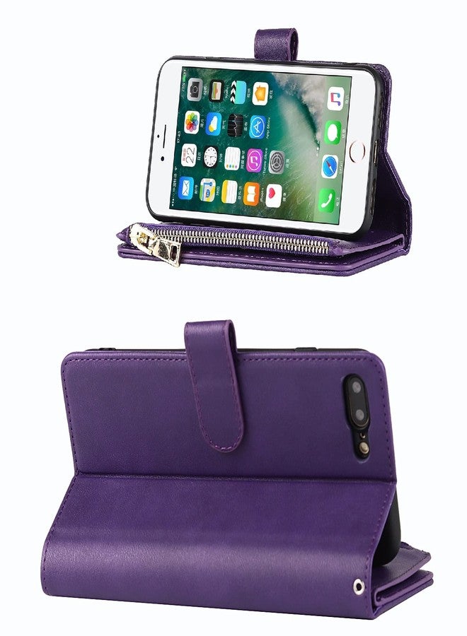 Jaorty Compatible with iPhone 7 Plus/iPhone 8 Plus Wallet Case,[9 Card Slots] [Wrist Strap] [Stand Feature] Zipper Cash Pocket Magnetic Leather Cover Shockproof Case for iPhone 7 Plus,5.5" Purple - Image 3