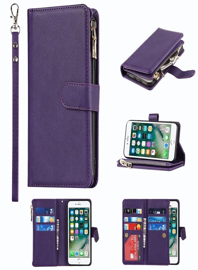Jaorty Compatible with iPhone 7 Plus/iPhone 8 Plus Wallet Case,[9 Card Slots] [Wrist Strap] [Stand Feature] Zipper Cash Pocket Magnetic Leather Cover Shockproof Case for iPhone 7 Plus,5.5" Purple - Image 1