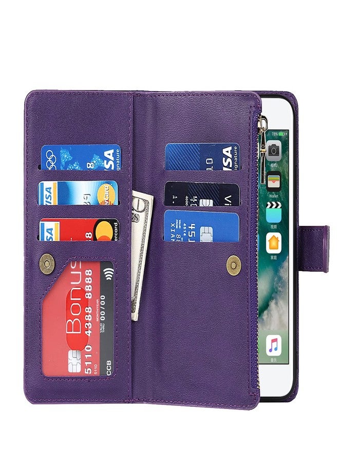 Jaorty Compatible with iPhone 7 Plus/iPhone 8 Plus Wallet Case,[9 Card Slots] [Wrist Strap] [Stand Feature] Zipper Cash Pocket Magnetic Leather Cover Shockproof Case for iPhone 7 Plus,5.5" Purple - Image 5