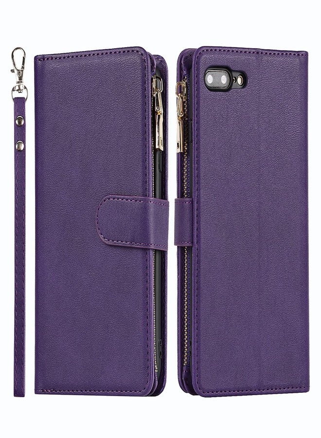Jaorty Compatible with iPhone 7 Plus/iPhone 8 Plus Wallet Case,[9 Card Slots] [Wrist Strap] [Stand Feature] Zipper Cash Pocket Magnetic Leather Cover Shockproof Case for iPhone 7 Plus,5.5" Purple - Image 2