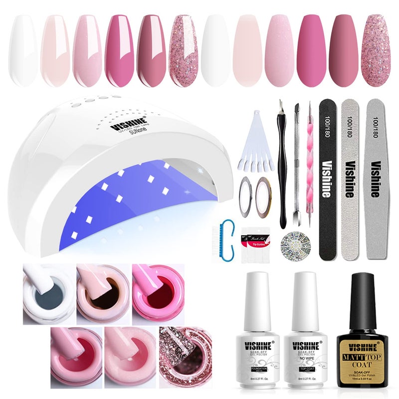 طقم طلاء الأظافر الجل من فيشين مع مصباح أظافر UV LED SUNOne بقوة 48 واط ومجفف سريع وأدوات مانيكير بـ 6 ألوان جميلة طلاء جل قاعدة وطبقة علوية #01