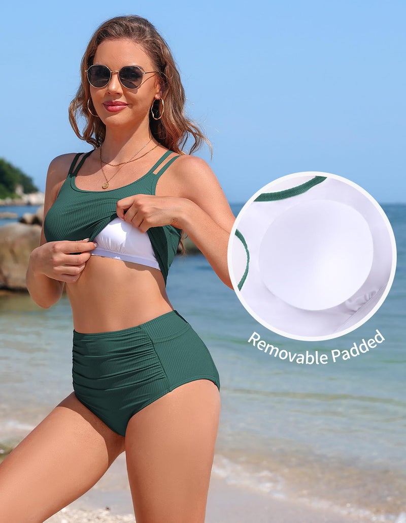 Charmo High Waisted Swimsuit for Women Tummy Control Sporty Bikini Sets 2 Piece Bathing Suit with Pockets Teal - Image 4