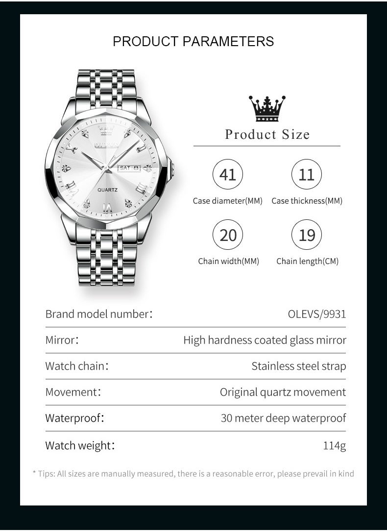 OLEVS - Watches for Men Fashion Stainless Steel Quartz Analog Water Resistant Watch 9931 - Image 1