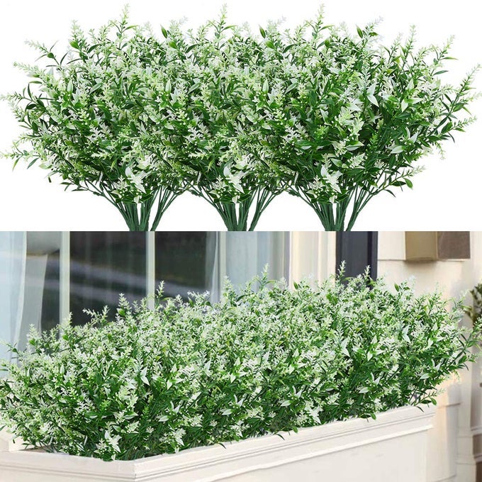 24 Bundles Outdoor Artificial Lavender Fake Flowers UV Resistant Shrubs Plants No Fade Faux Plastic Greenery for Hanging Plants Garden Porch Window Box Home Wedding Farmhouse Decor White