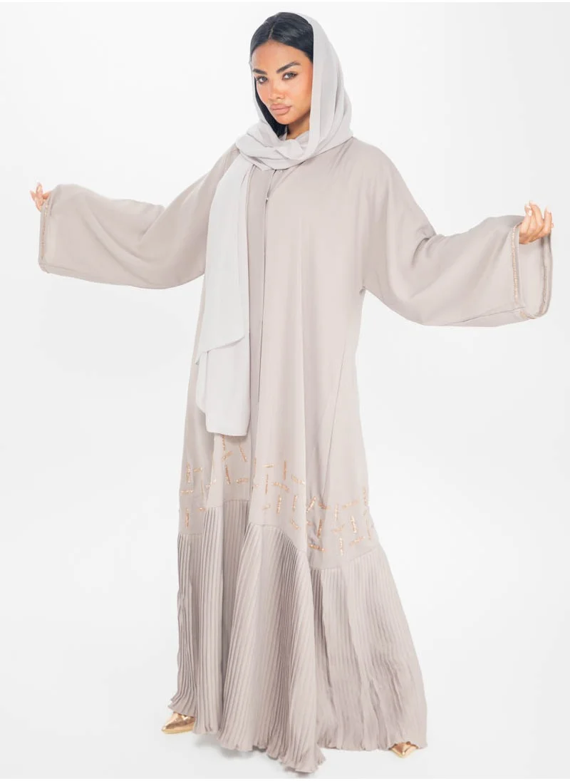 آرا Beige Abaya with Pleats and Gold Embellishments