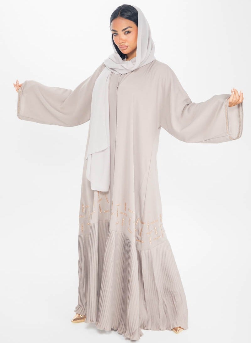 Aara Beige Abaya with Pleats and Gold Embellishments - Image 1