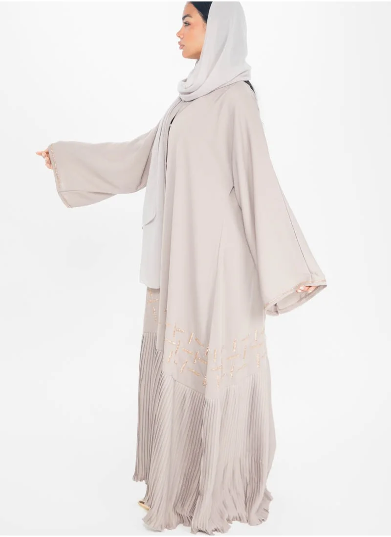 Aara Beige Abaya with Pleats and Gold Embellishments