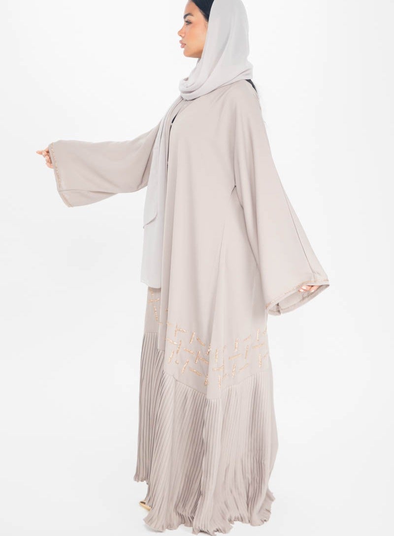Aara Beige Abaya with Pleats and Gold Embellishments - Image 2