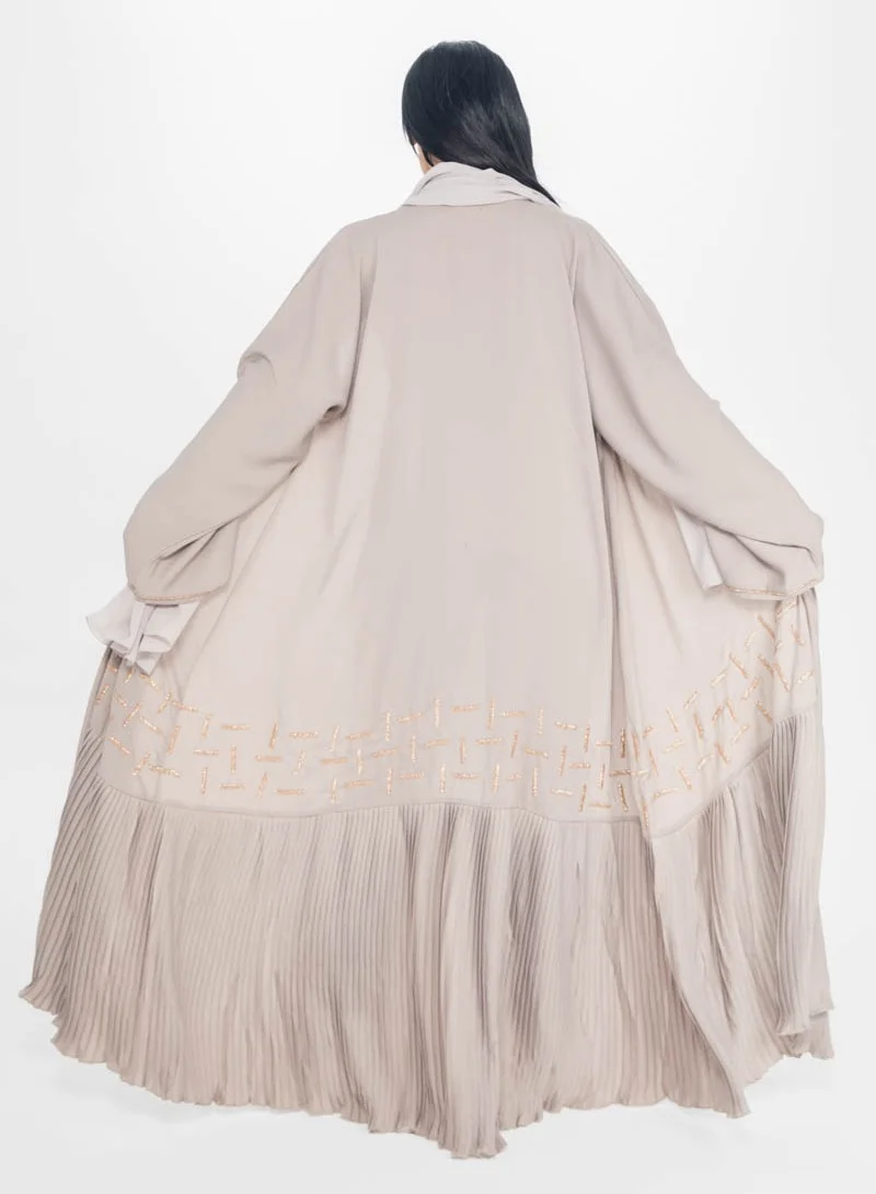 Aara Beige Abaya with Pleats and Gold Embellishments