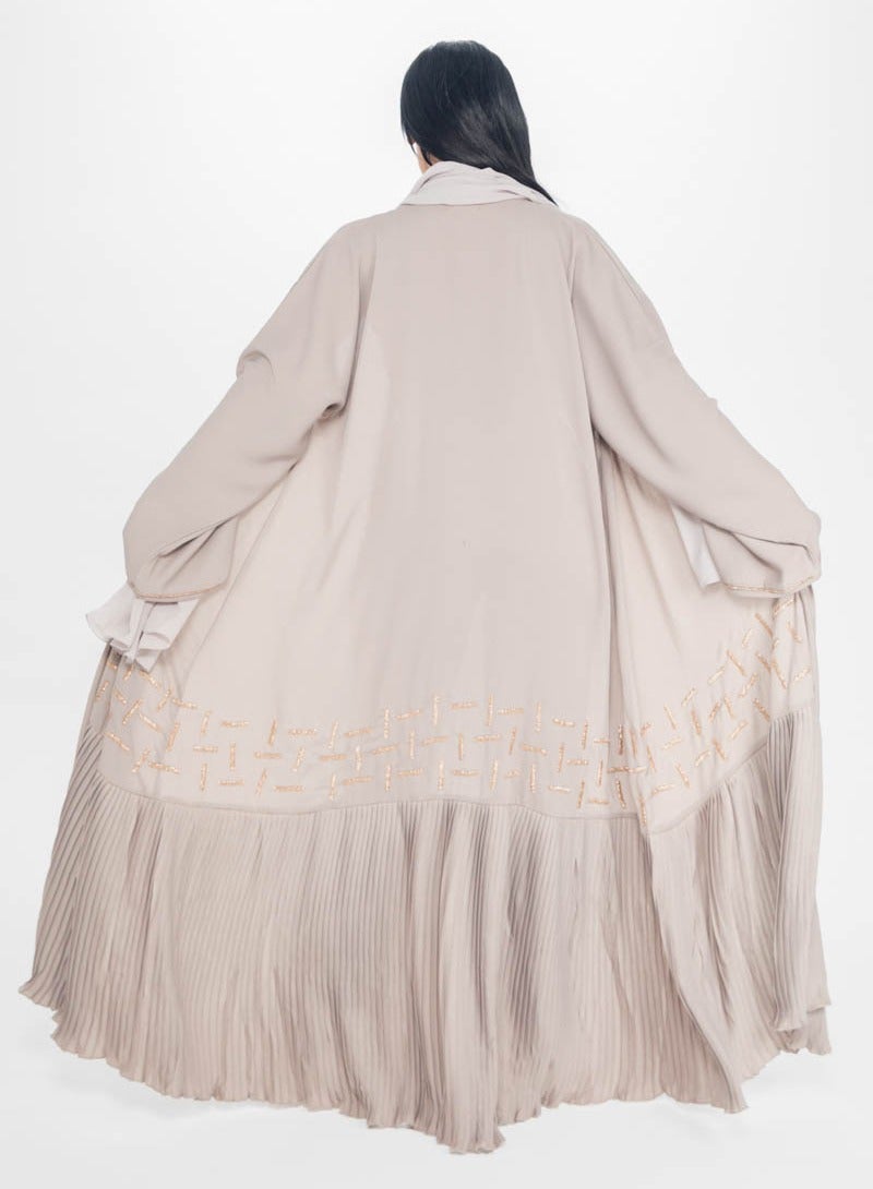 Aara Beige Abaya with Pleats and Gold Embellishments - Image 3