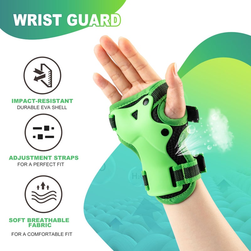 2PM SPORTS Knee Pads for Kids, Wrist Guards Knee and Elbow Pads Set with Drawstring Bag, Protective Gear Set for Girls Boys Roller Skating Cycling Skateboard - Green Small - Image 5