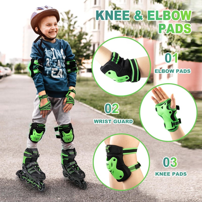 2PM SPORTS Knee Pads for Kids, Wrist Guards Knee and Elbow Pads Set with Drawstring Bag, Protective Gear Set for Girls Boys Roller Skating Cycling Skateboard - Green Small - Image 2