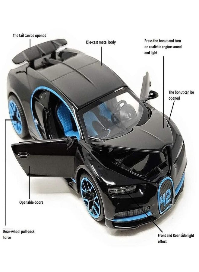 AHBHT Kids Model 1:32 Bugatti Chiron Die Cast Metal Car Pull Back Action Opening Doors with Realistic Engine Sound Lights Toy Car Gift for Boys - Black - Image 2