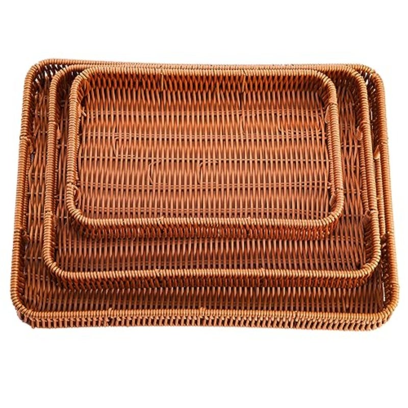 3 Pack Woven Baskets Serving Trays with Handles, Plastic Wicker Bread Baskets Rectangular Platters for Fruit, Vegetables, Breakfast, Snacks, Dining Coffee Table, 3 Sizes - Image 4
