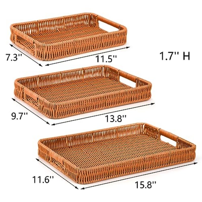 3 Pack Woven Baskets Serving Trays with Handles, Plastic Wicker Bread Baskets Rectangular Platters for Fruit, Vegetables, Breakfast, Snacks, Dining Coffee Table, 3 Sizes - Image 2