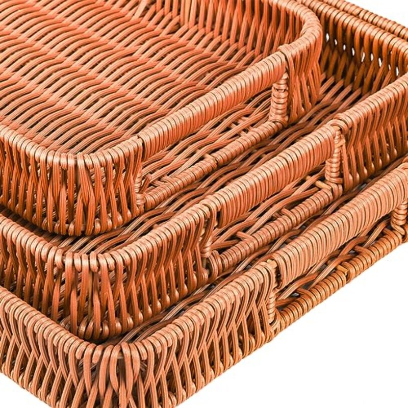 3 Pack Woven Baskets Serving Trays with Handles, Plastic Wicker Bread Baskets Rectangular Platters for Fruit, Vegetables, Breakfast, Snacks, Dining Coffee Table, 3 Sizes - Image 3