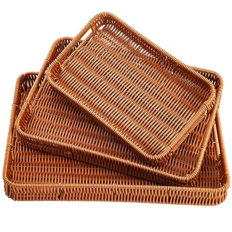 3 Pack Woven Baskets Serving Trays with Handles, Plastic Wicker Bread Baskets Rectangular Platters for Fruit, Vegetables, Breakfast, Snacks, Dining Coffee Table, 3 Sizes - Image 1