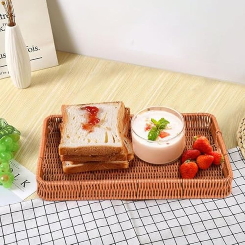 3 Pack Woven Baskets Serving Trays with Handles, Plastic Wicker Bread Baskets Rectangular Platters for Fruit, Vegetables, Breakfast, Snacks, Dining Coffee Table, 3 Sizes - Image 5