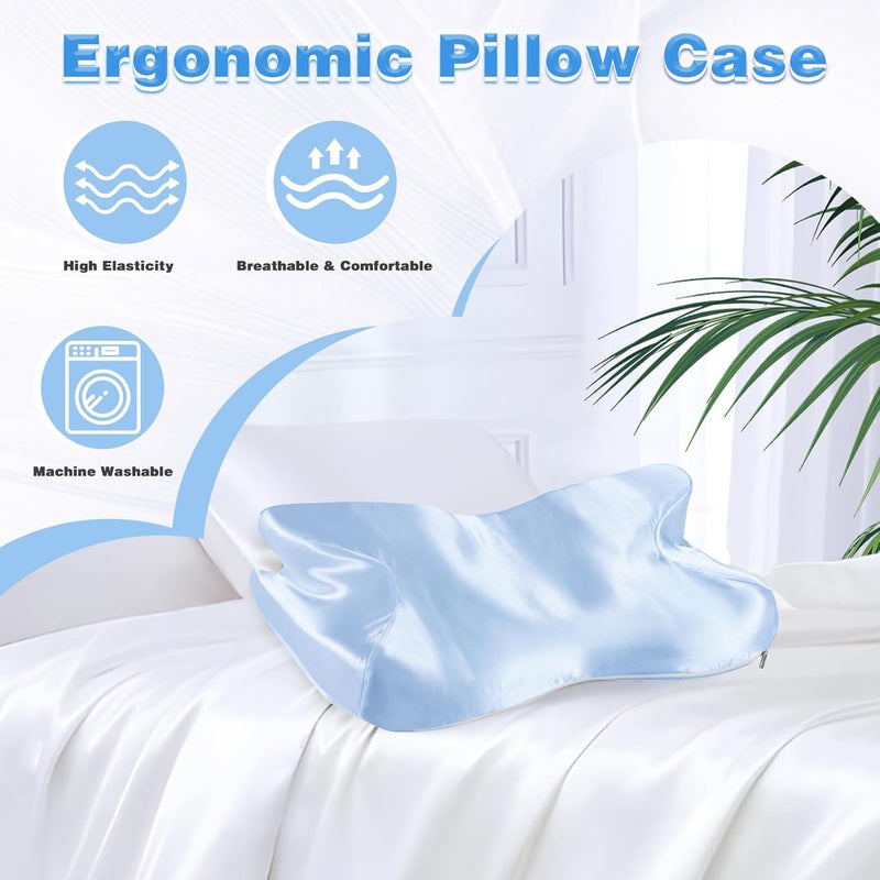 Eychei Satin Pillowcase for Cervical Pillow, Baby Blue Silky Cervical Pillow Case Contour Pillow Case Cover with Zipper, Smooth Ergonomic Pillowcase for Neck Pillow Cover - Image 3