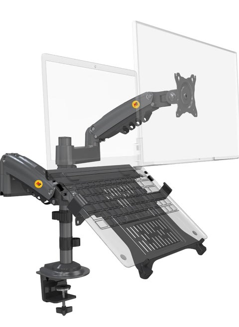 Dual Laptop Monitor Arm for 17-27 Inch 10-17 Inch Screens, Computer Load Capacity 2-9kg, 2 Monitors with 2 Steps, 2 in 1 Dual Display Arm, Gas Spring Mounting Ring and VESA Mounting Clamp 75x75/100x100