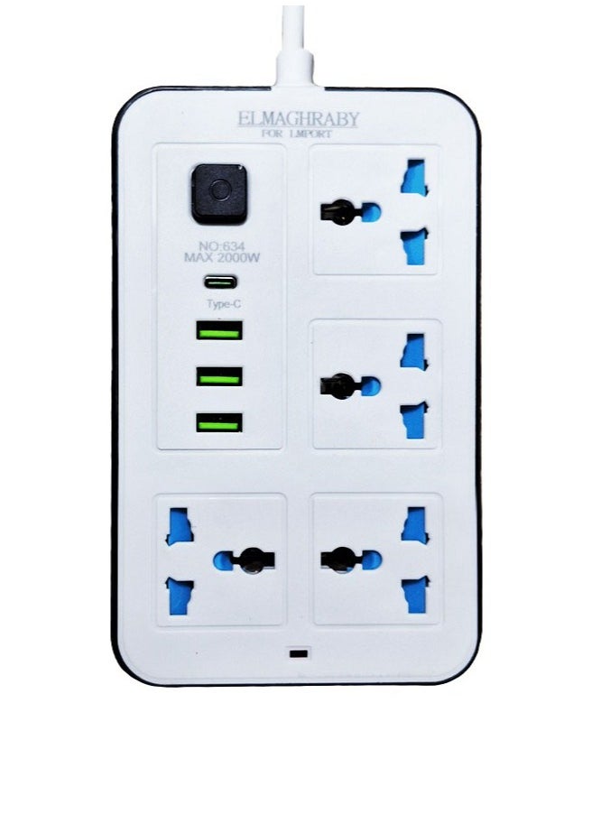 Generic Electric Power strip - 2500 watt, Auto max 10 A / 220V , 200 CM cable , with 4 Outlet  , 3 Port USB and 1 port type-c  - Image 2