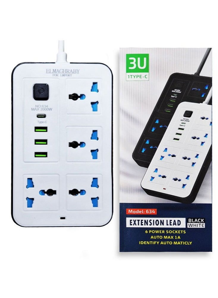Generic Electric Power strip - 2500 watt, Auto max 10 A / 220V , 200 CM cable , with 4 Outlet  , 3 Port USB and 1 port type-c  - Image 3