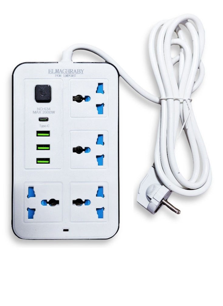 Generic Electric Power strip - 2500 watt, Auto max 10 A / 220V , 200 CM cable , with 4 Outlet  , 3 Port USB and 1 port type-c  - Image 1