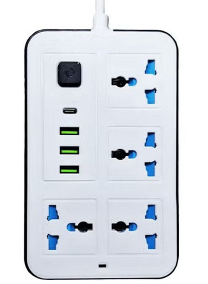 Electric Power strip - 2500 watt, Auto max 10 A / 220V , 200 CM cable , with 4 Outlet  , 3 Port USB and 1 port type-c - Image 1