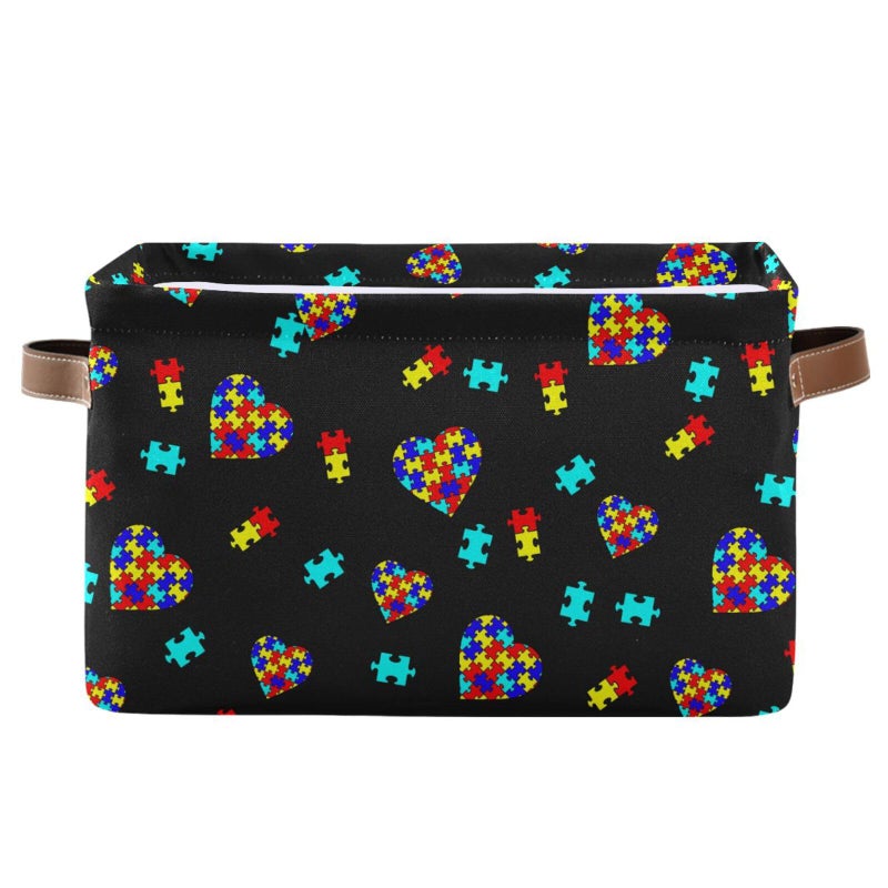 XUWU Multicolor Storage Basket Bin Autism Awareness Puzzle Pieces Heart Organizer Collapsible Shelf Cube with Handle for Nursery Bedroom Bathroom - Image 2