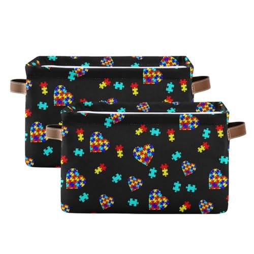 XUWU Multicolor Storage Basket Bin Autism Awareness Puzzle Pieces Heart Organizer Collapsible Shelf Cube with Handle for Nursery Bedroom Bathroom - Image 3