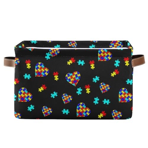 XUWU Multicolor Storage Basket Bin Autism Awareness Puzzle Pieces Heart Organizer Collapsible Shelf Cube with Handle for Nursery Bedroom Bathroom - Image 1