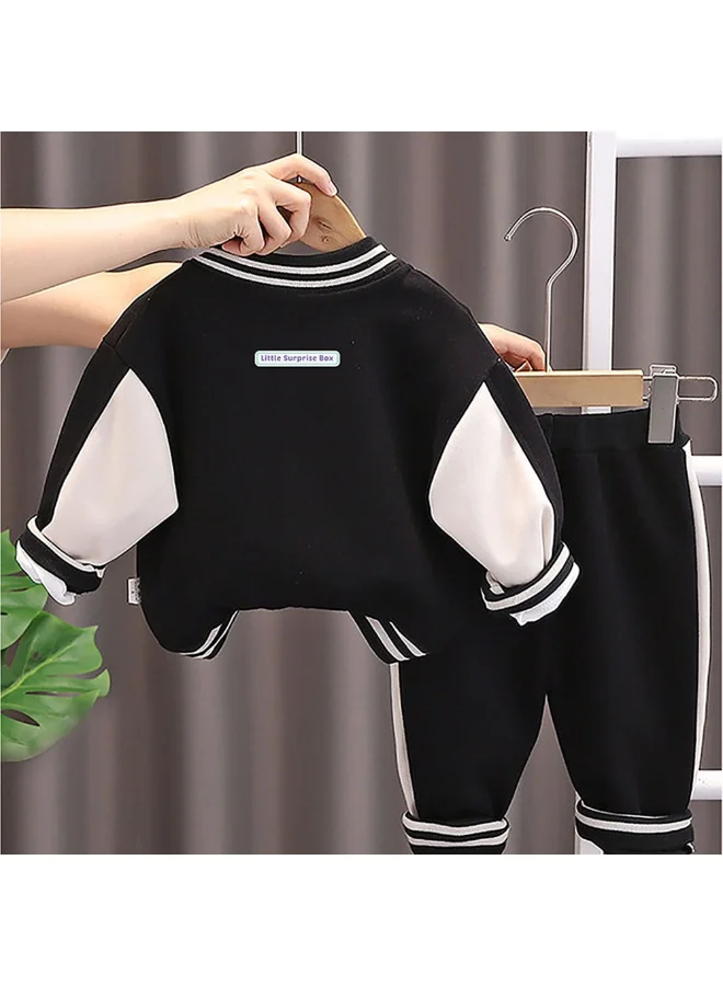 LITTLE SURPRISE BOX Black & White 1977 Designed 3 Pcs Varsity Jacket Styled Track Suit Set For Toddlers And Kids
