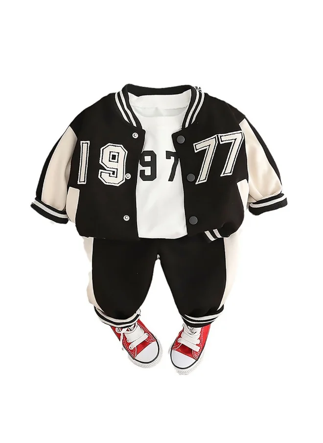 LITTLE SURPRISE BOX Black & White 1977 Designed 3 Pcs Varsity Jacket Styled Track Suit Set For Toddlers And Kids
