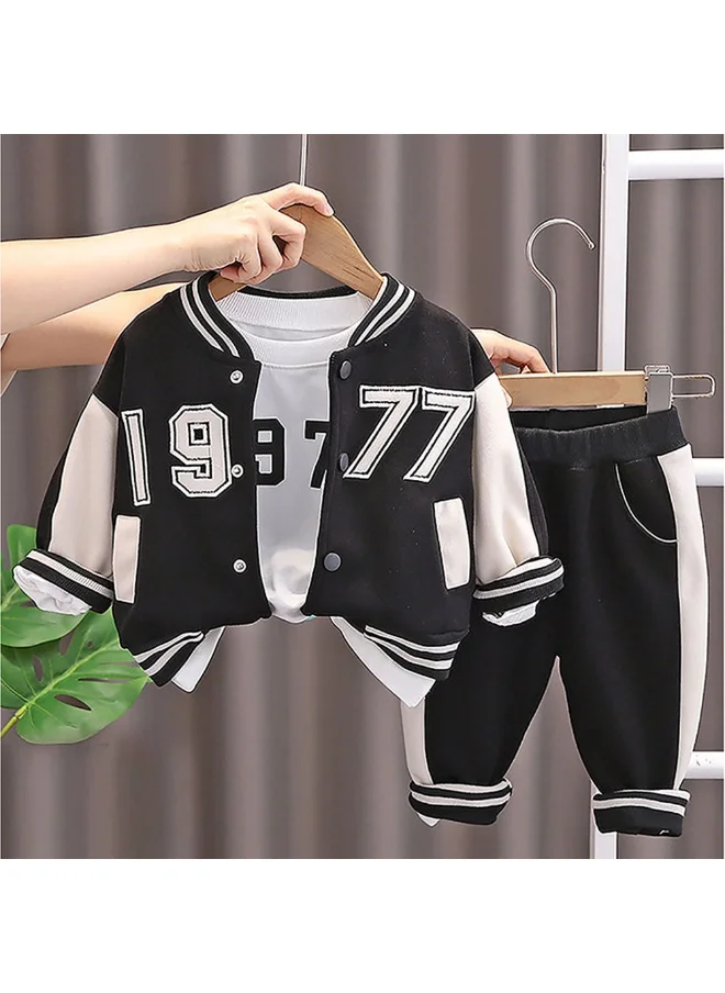 LITTLE SURPRISE BOX Black & White 1977 Designed 3 Pcs Varsity Jacket Styled Track Suit Set For Toddlers And Kids