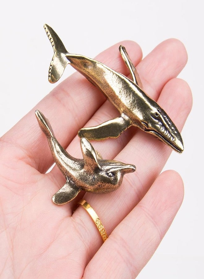 KOOBOOK 2Pcs Vintage Brass Dolphin Statue Whale Sculpture Set Mini Sea Animal Ornaments for Desk Home Car Dashboard Decor Tiny Marine Figurines for Collectors and Decorative Animal Lovers - Image 2