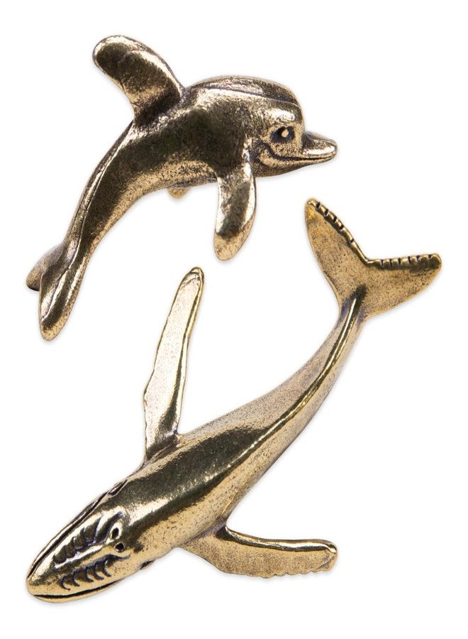 KOOBOOK 2Pcs Vintage Brass Dolphin Statue Whale Sculpture Set Mini Sea Animal Ornaments for Desk Home Car Dashboard Decor Tiny Marine Figurines for Collectors and Decorative Animal Lovers - Image 1