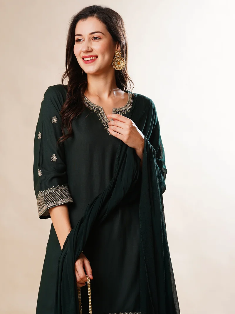 globus Women Green Embroidered Yoke Design Regular Zari Straight Kurta With Palazzos & Dupatta
