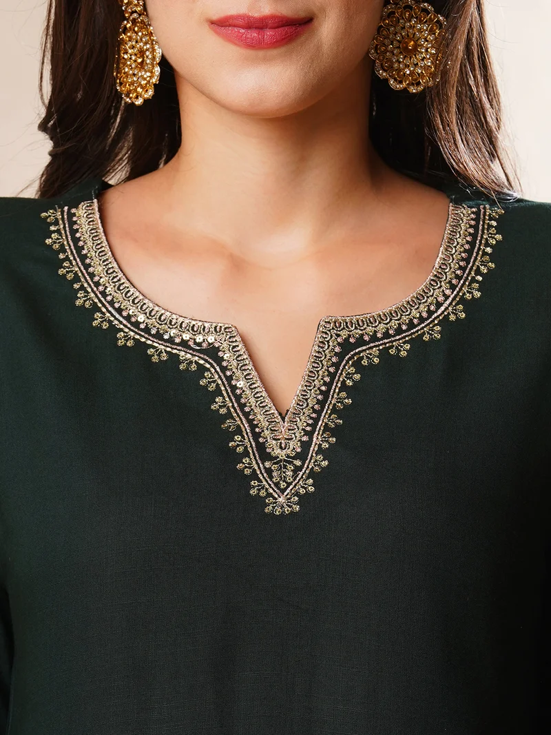 globus Women Green Embroidered Yoke Design Regular Zari Straight Kurta With Palazzos & Dupatta
