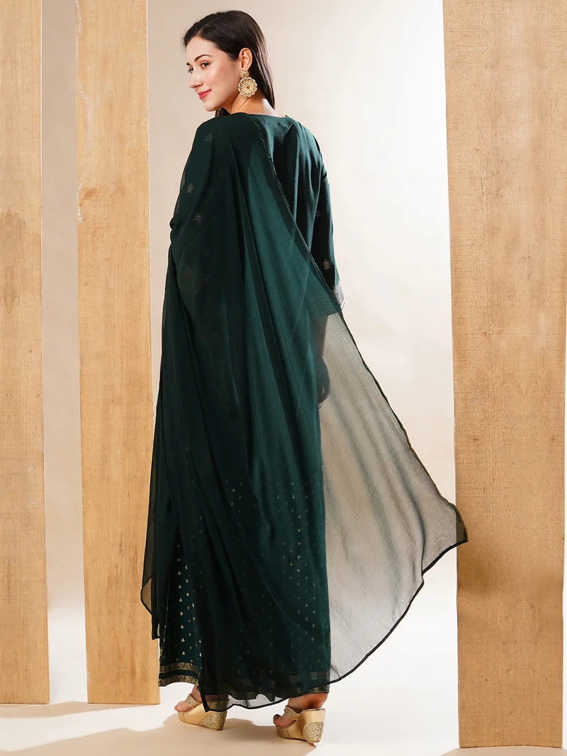 globus Women Green Embroidered Yoke Design Regular Zari Straight Kurta With Palazzos & Dupatta