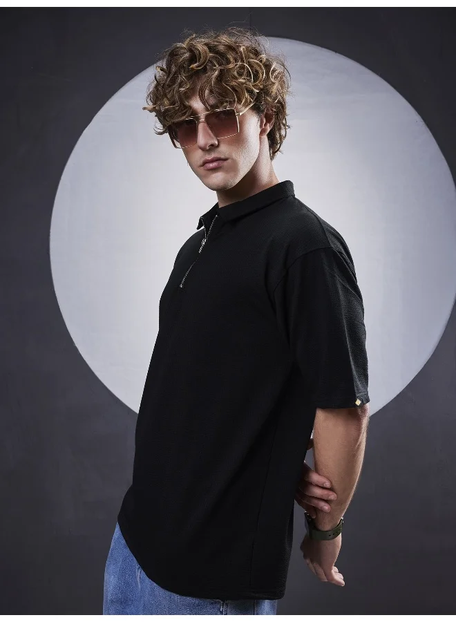 Maniac Maniac Mens Textured Polo Neck 3/4th Sleeve Black SeerSucker Fabric T-Shirt