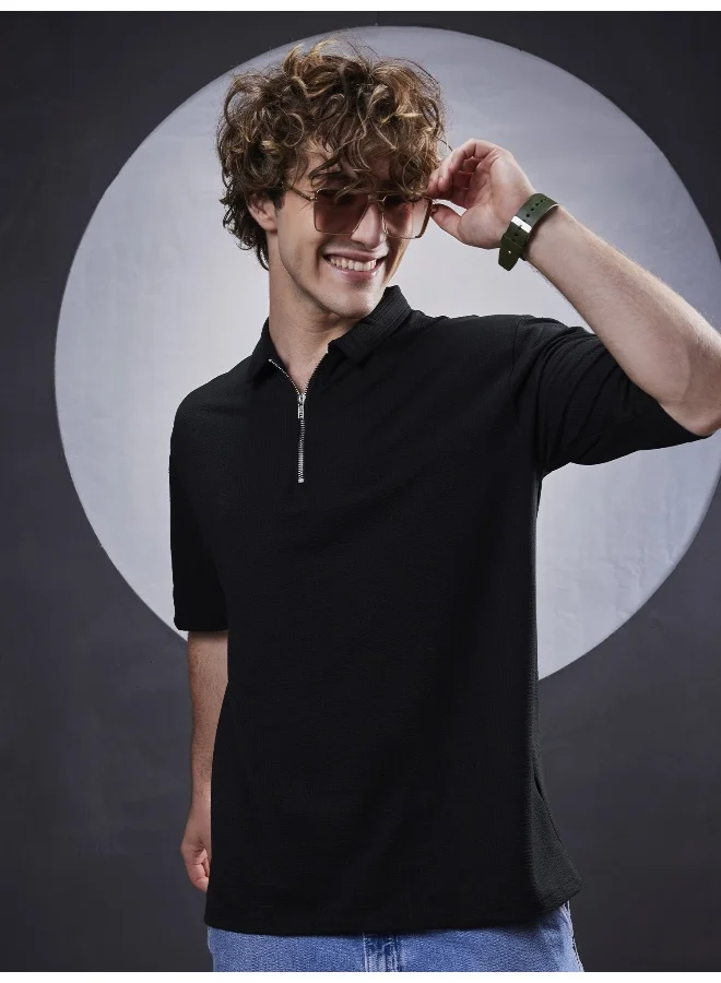 Maniac Maniac Mens Textured Polo Neck 3/4th Sleeve Black SeerSucker Fabric T-Shirt